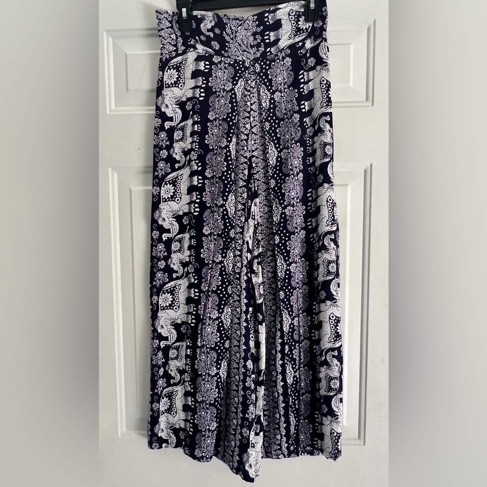 Flowy Wide Leg Pants with Slits Elephant Pattern Medium Blue Purple Indigo White